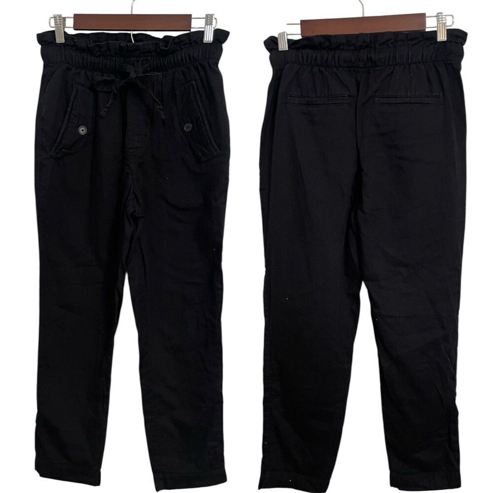 Loft Womens Small Paperbag Straight Leg Pants Black High Rise Tie Waist Pull On